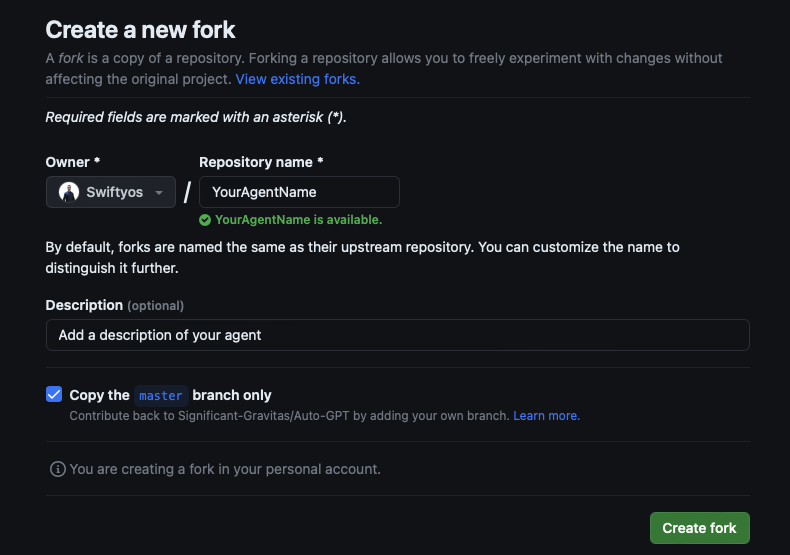 Create Fork Page