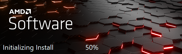 Window with AMD arrow logo, futuristic background and progress counter