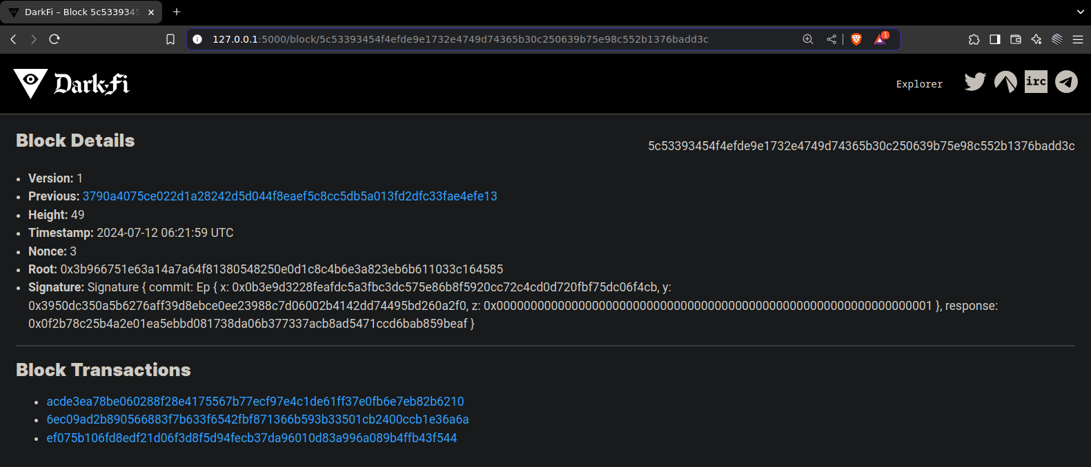 DarkFi Block Details Example