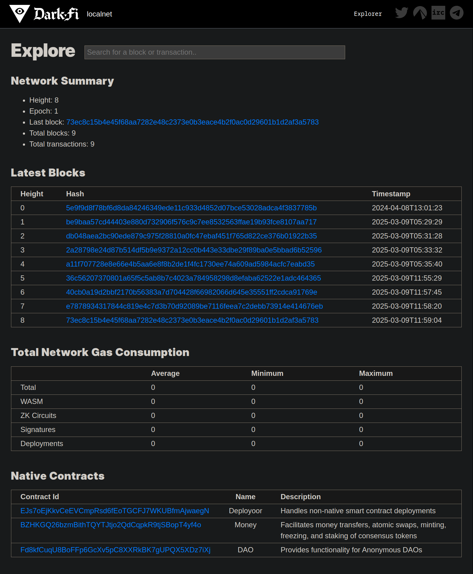 DarkFi Blockchain Explorer Home Page
