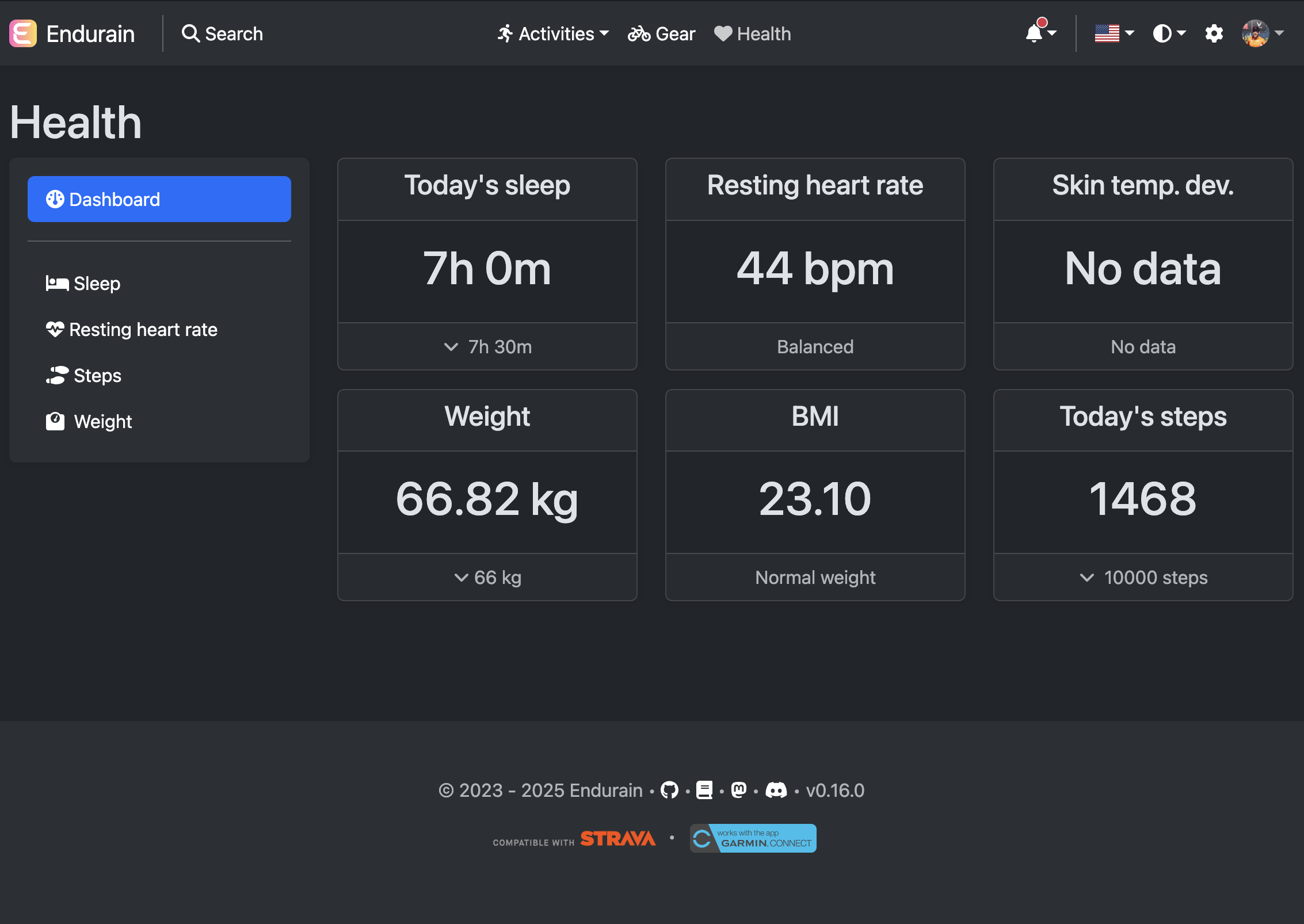 Health dashboard page