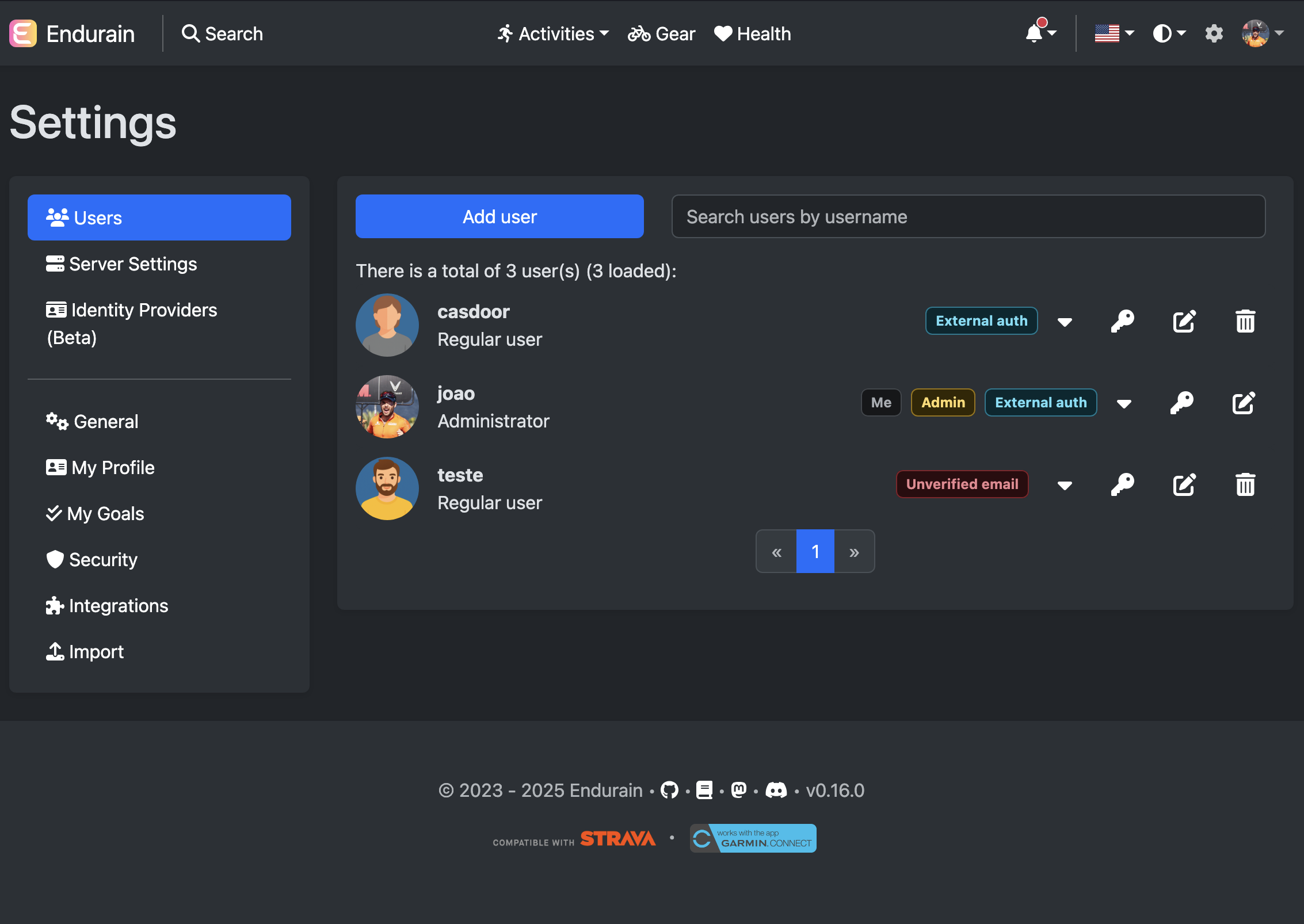 Users administrator page