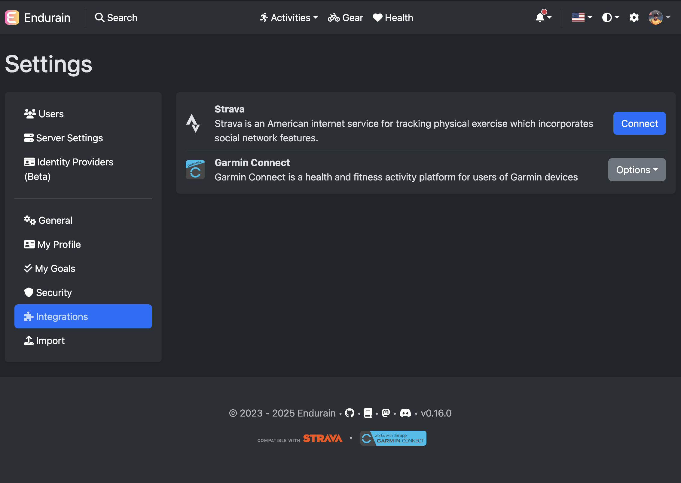 Settings integrations page