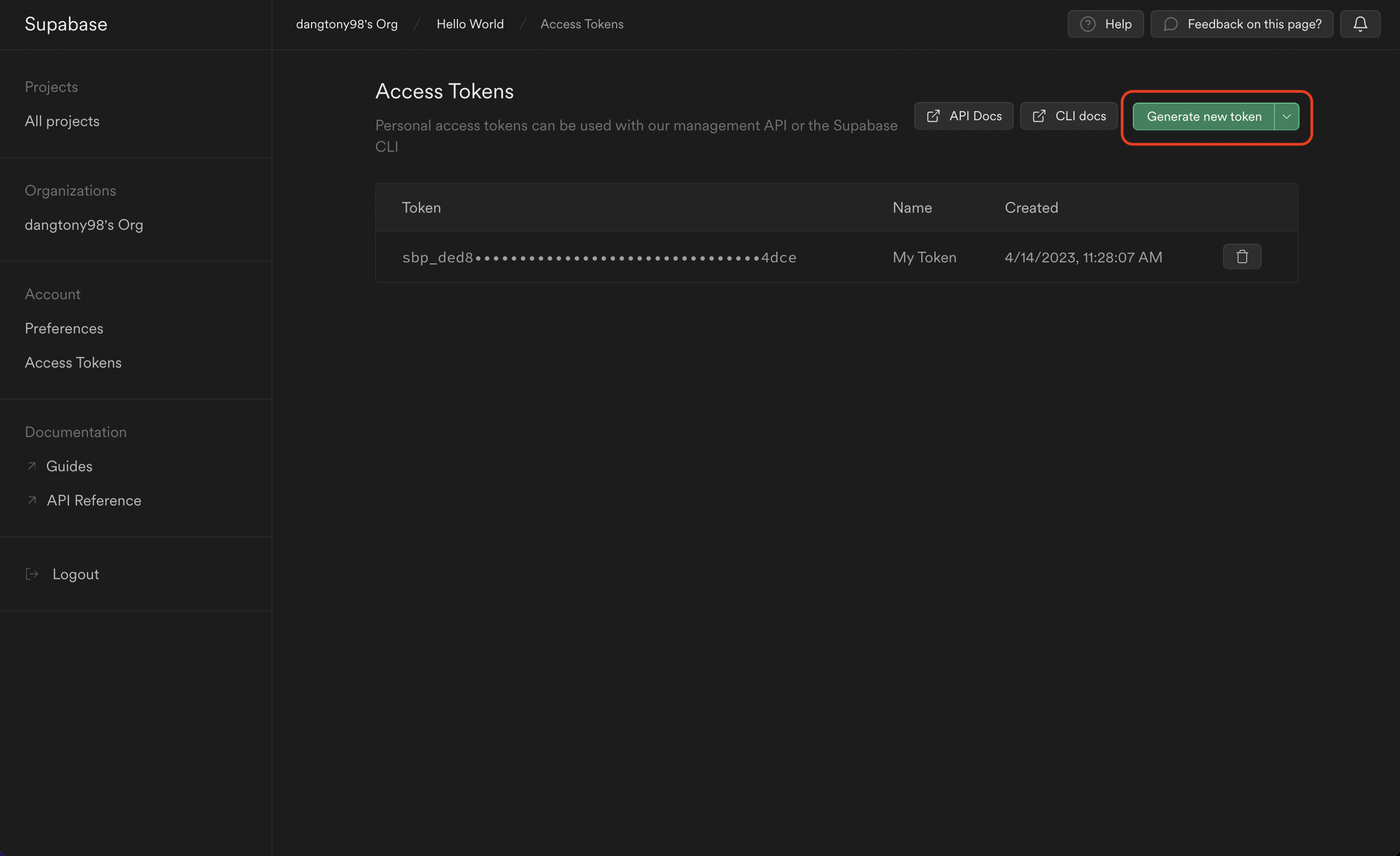 integrations supabase token